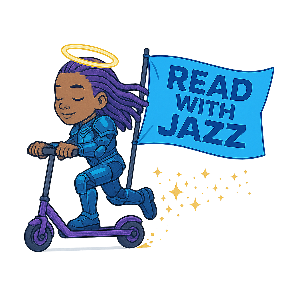 Jazz character riding a glowing scooter